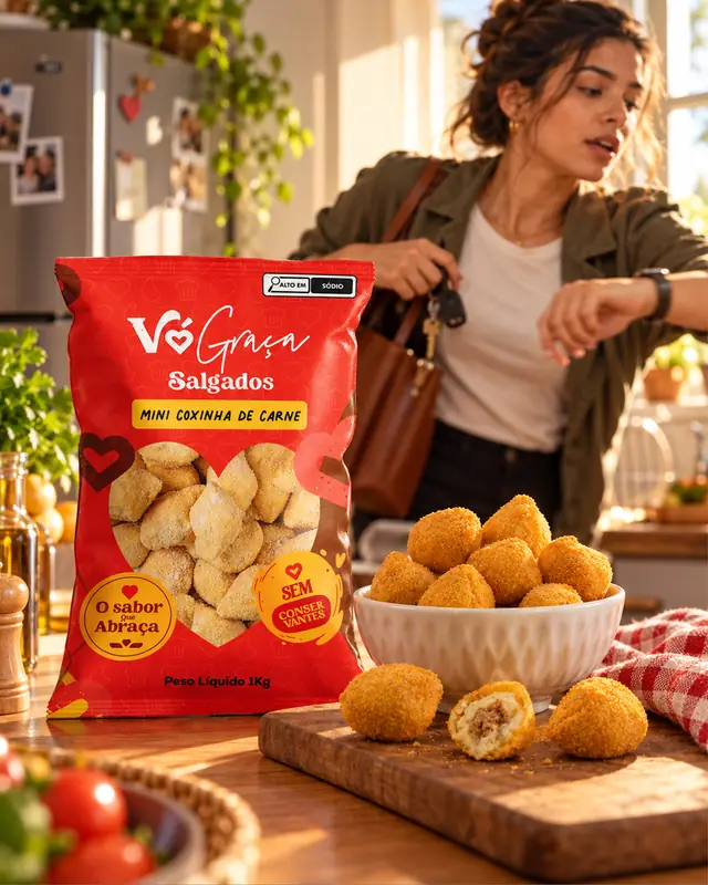 Mulher com pacote de mini coxinha Vó Graça na cozinha