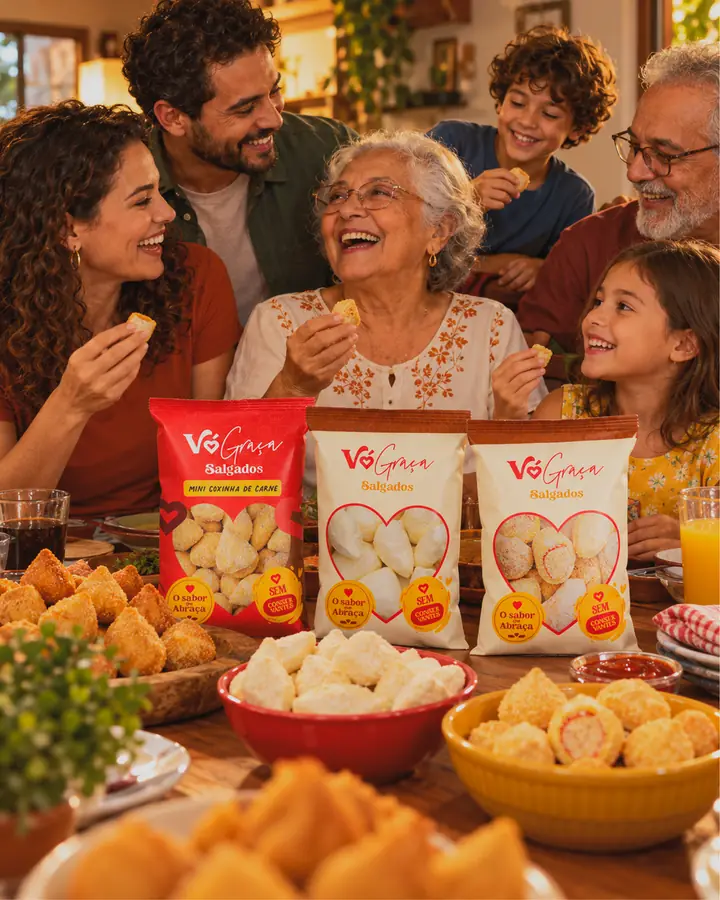 Família reunida à mesa comendo salgados Vó Graça com a avó sorrindo