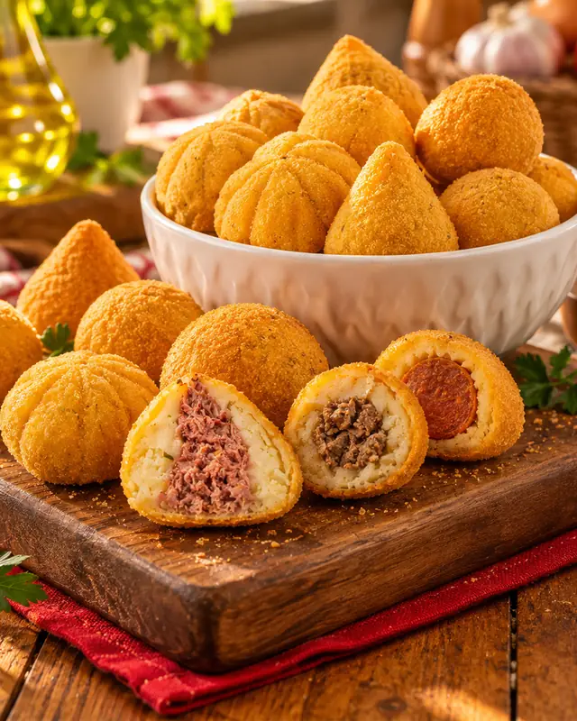 Mini coxinhas douradas, algumas abertas mostrando o recheio